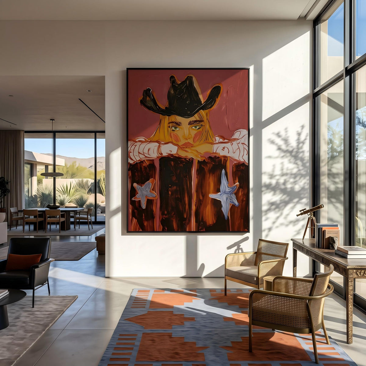 "Western Cowboy Girl" - Modern Heavy Impasto Western Animal Artwork | Orange Palette Knife Painting | Luxury Vertical Wall Art #YK 1580