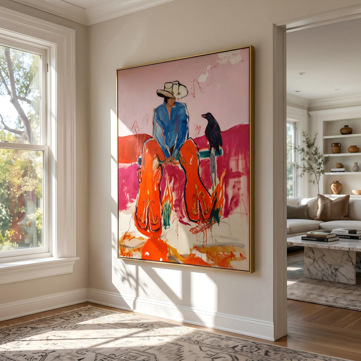 "Crow Cowboy" - Modern Heavy Impasto Western Animal Artwork | Pink Palette Knife Painting | Luxury Vertical Wall Art #YK 1582