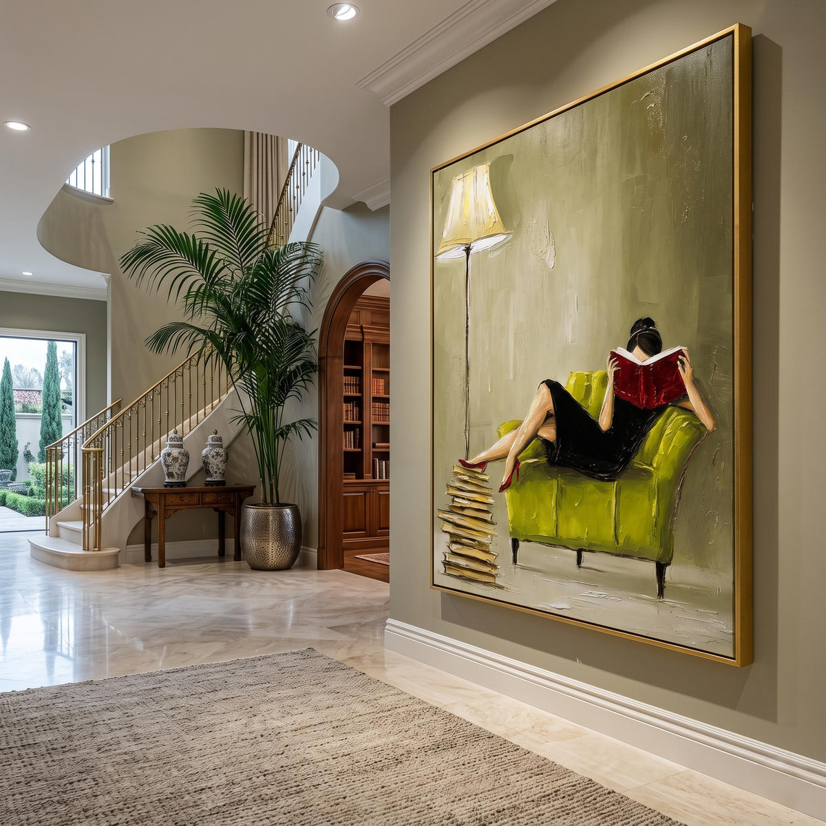 "Woman Reading" - Modern Heavy Impasto Abstract Artwork | Beige & Yellow Palette Knife Painting | Luxury Vertical Wall Art #YK 1620