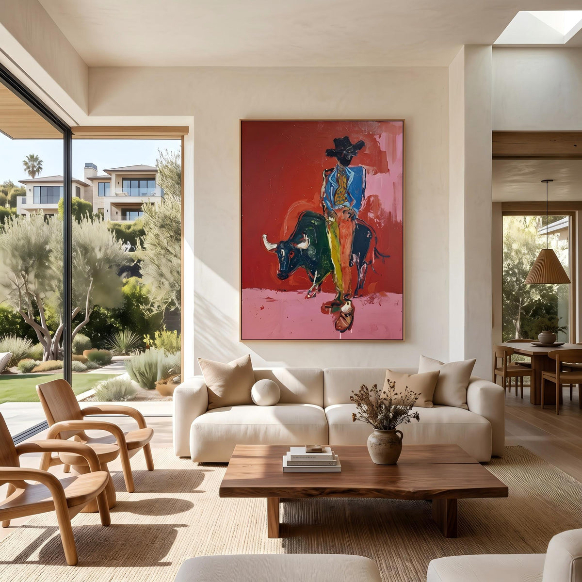 "Bullfighting Western Cowboy" - Modern Heavy Impasto Western Animal Artwork | Pink Palette Knife Painting | Luxury Vertical Wall Art #YK 1581