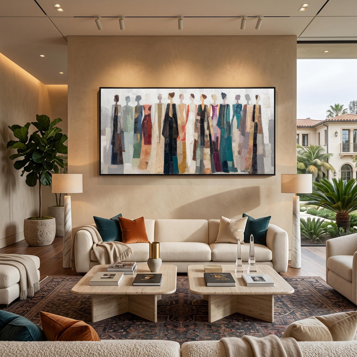 "Colorful Dressed Women Wall" - Modern Heavy Impasto Abstract Artwork | Beige Palette Knife Painting | Luxury Horizontal Wall Art #YK 1552