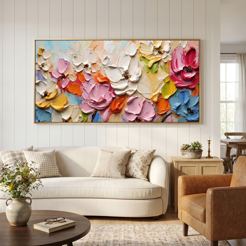 "Chromatic Bloom" – 3D Heavy Impasto Floral Panorama | Vibrant Textured Statement Art
