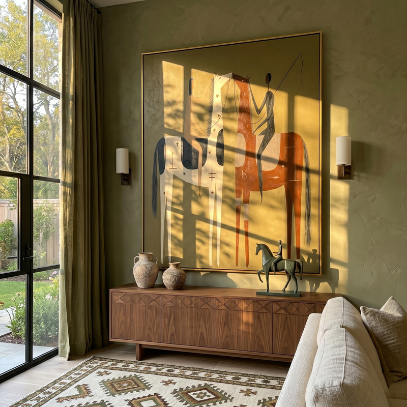 "Two Riders in Communion" – Modern Heavy Impasto Tribal Art | 3D Ochre & Sienna Palette Knife Painting | Luxury Vertical Wall Art #AB 014