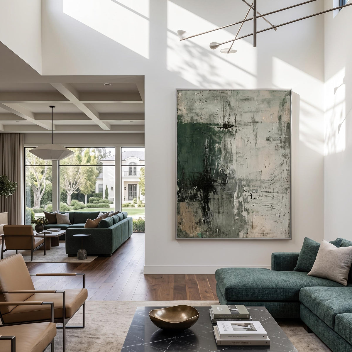 "Dark Green Mottled Texture" - Modern Heavy Impasto Abstract Artwork | Green Palette Knife Painting | Luxury Vertical Wall Art #YK 1617