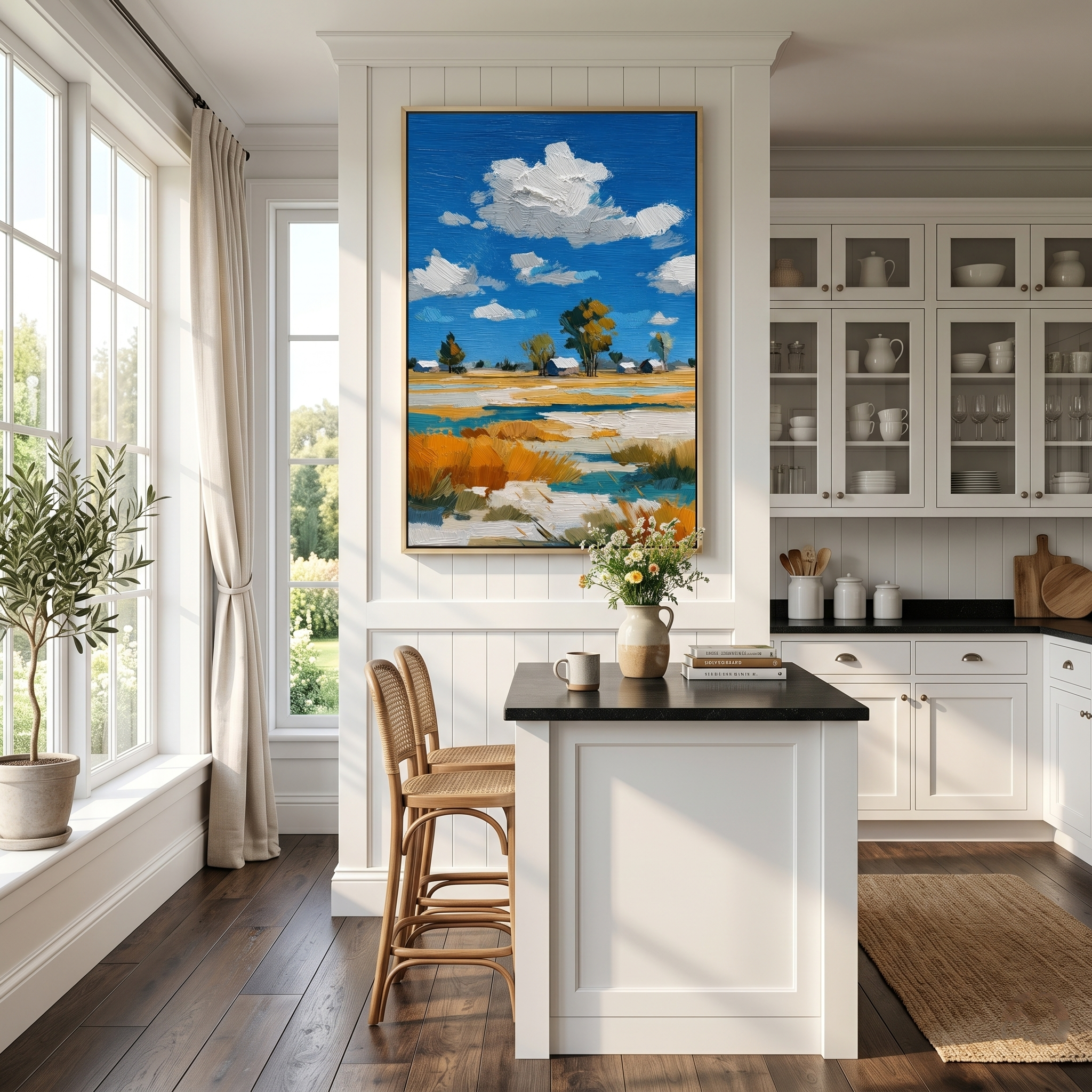 "Azure Prairie" – 3D Heavy Impasto Rustic Landscape | Vibrant Blue & Gold Statement Art