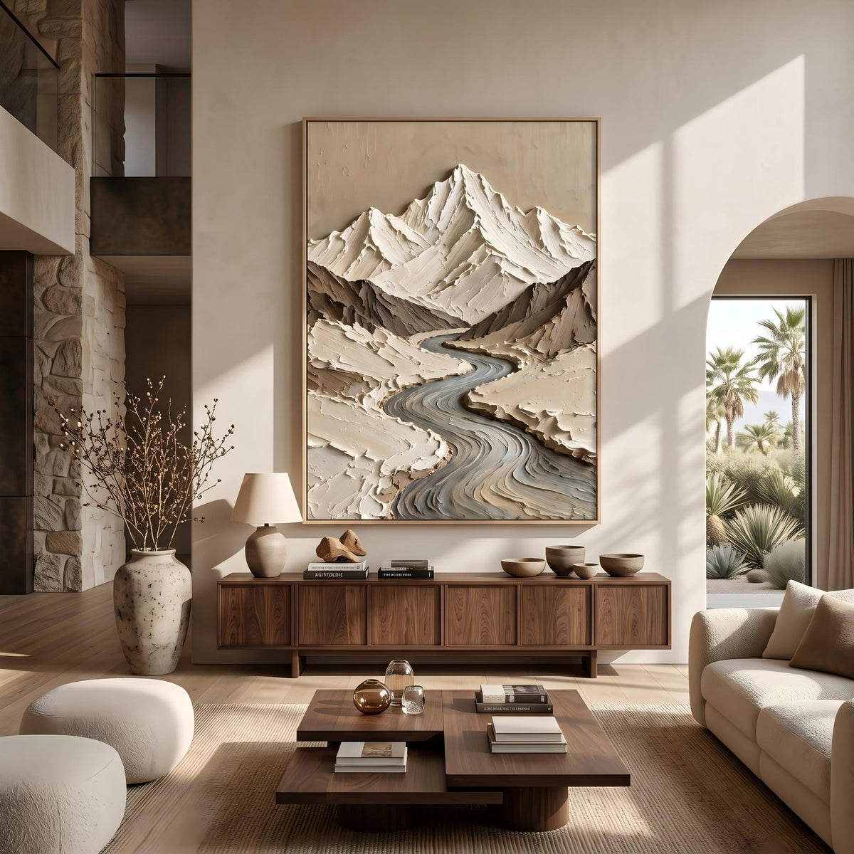"Thick Impasto Mountain Valley" - Modern Heavy Impasto Landscape Artwork | Beige Palette Knife Painting | Luxury Vertical Wall Art #YK 1611