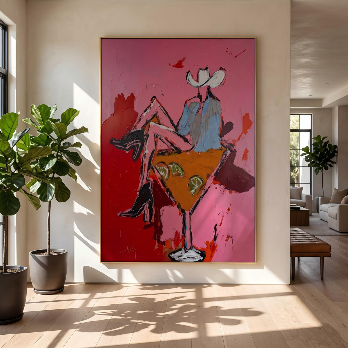 "Pink Cowgirl Cocktail" - Modern Heavy Impasto Western Animal Artwork | Pink Palette Knife Painting | Luxury Vertical Wall Art #YK 1584