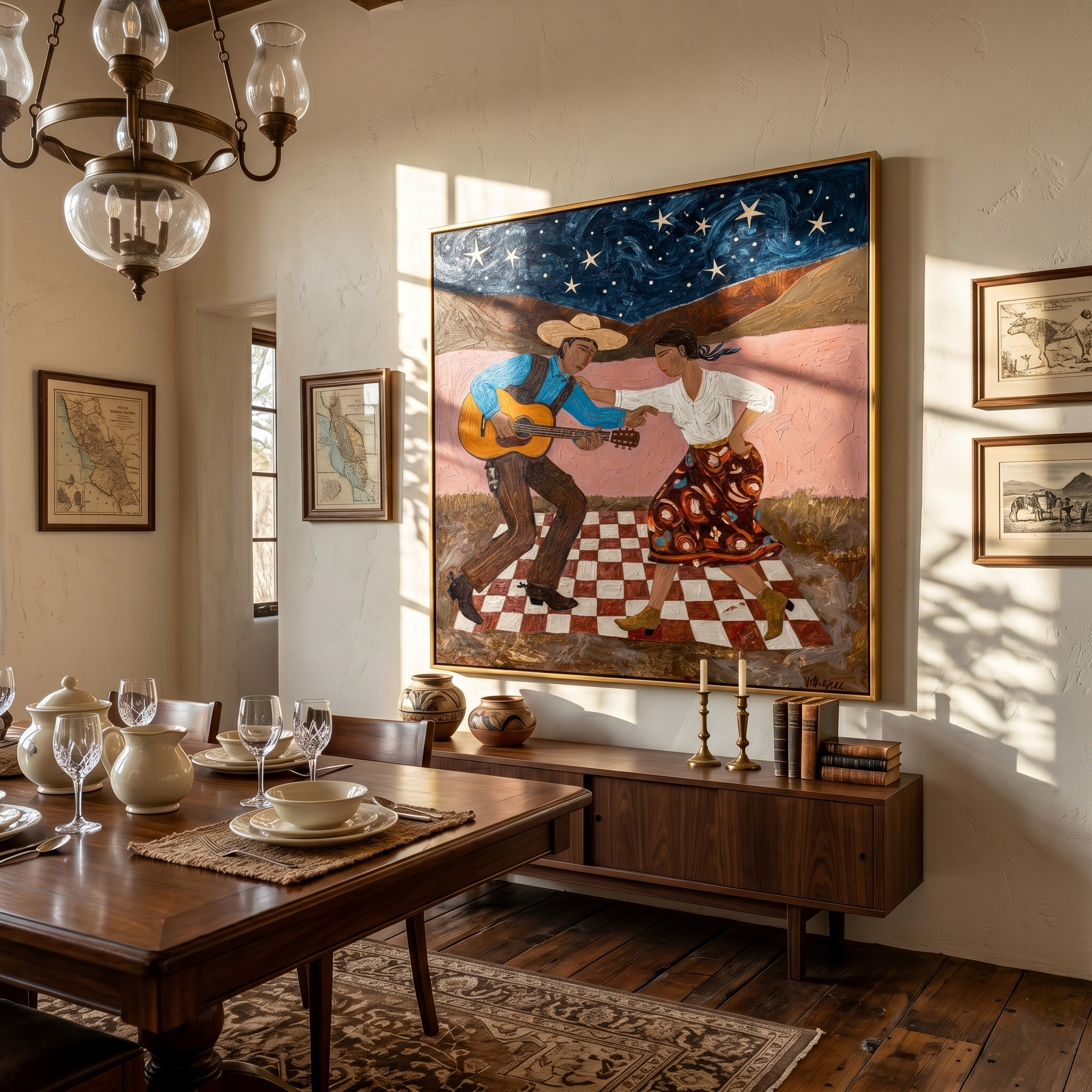 "Starry Folk Serenade" – Modern Heavy Impasto Southwestern Figurative | 3D Midnight & Blush Terracotta Palette Knife Painting | Luxury Square Wall Art #PT 037