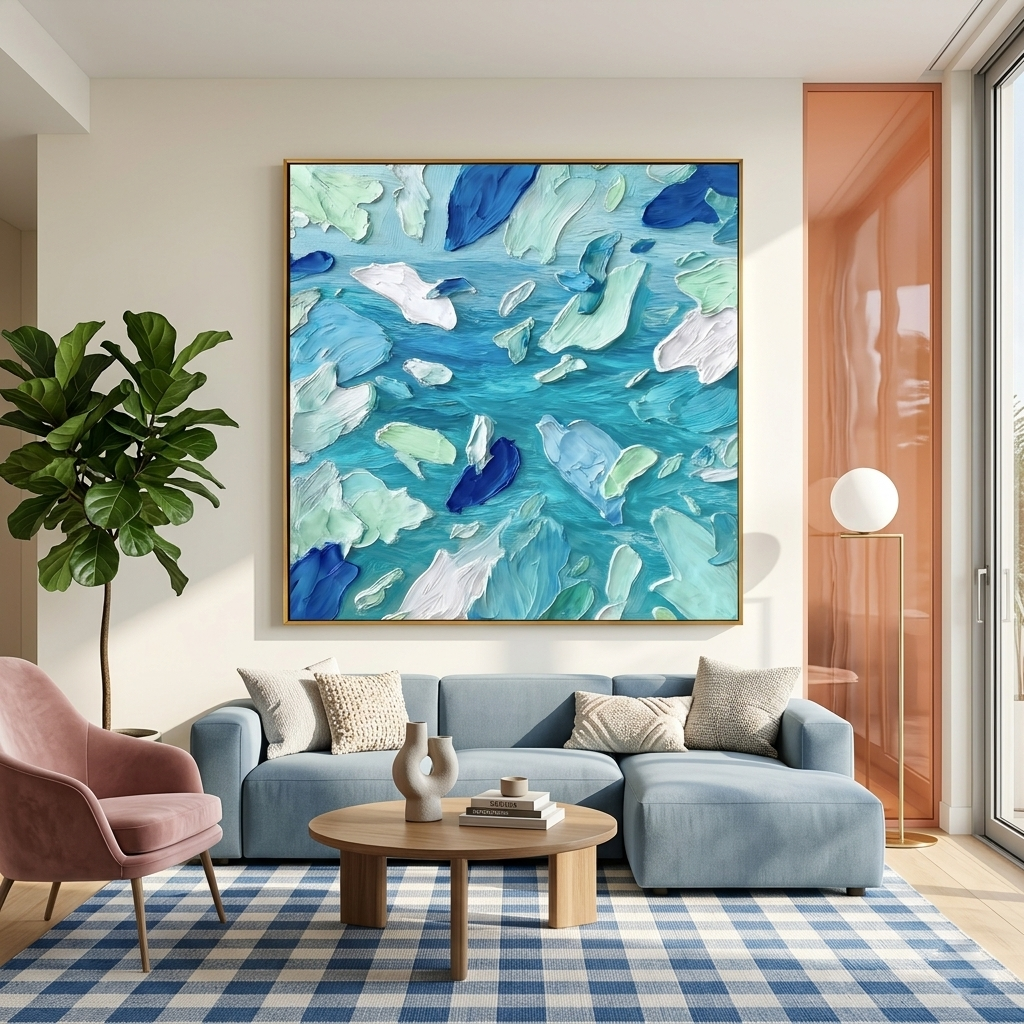 "Azure Rhythms" – Modern 3D Heavy Impasto Abstract | Refreshing Coastal Statement Art