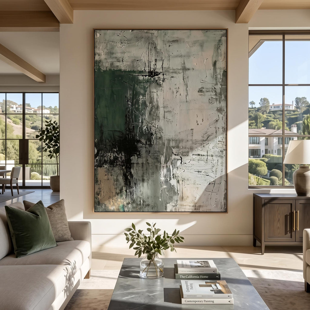 "Dark Green Mottled Texture" - Modern Heavy Impasto Abstract Artwork | Green Palette Knife Painting | Luxury Vertical Wall Art #YK 1617