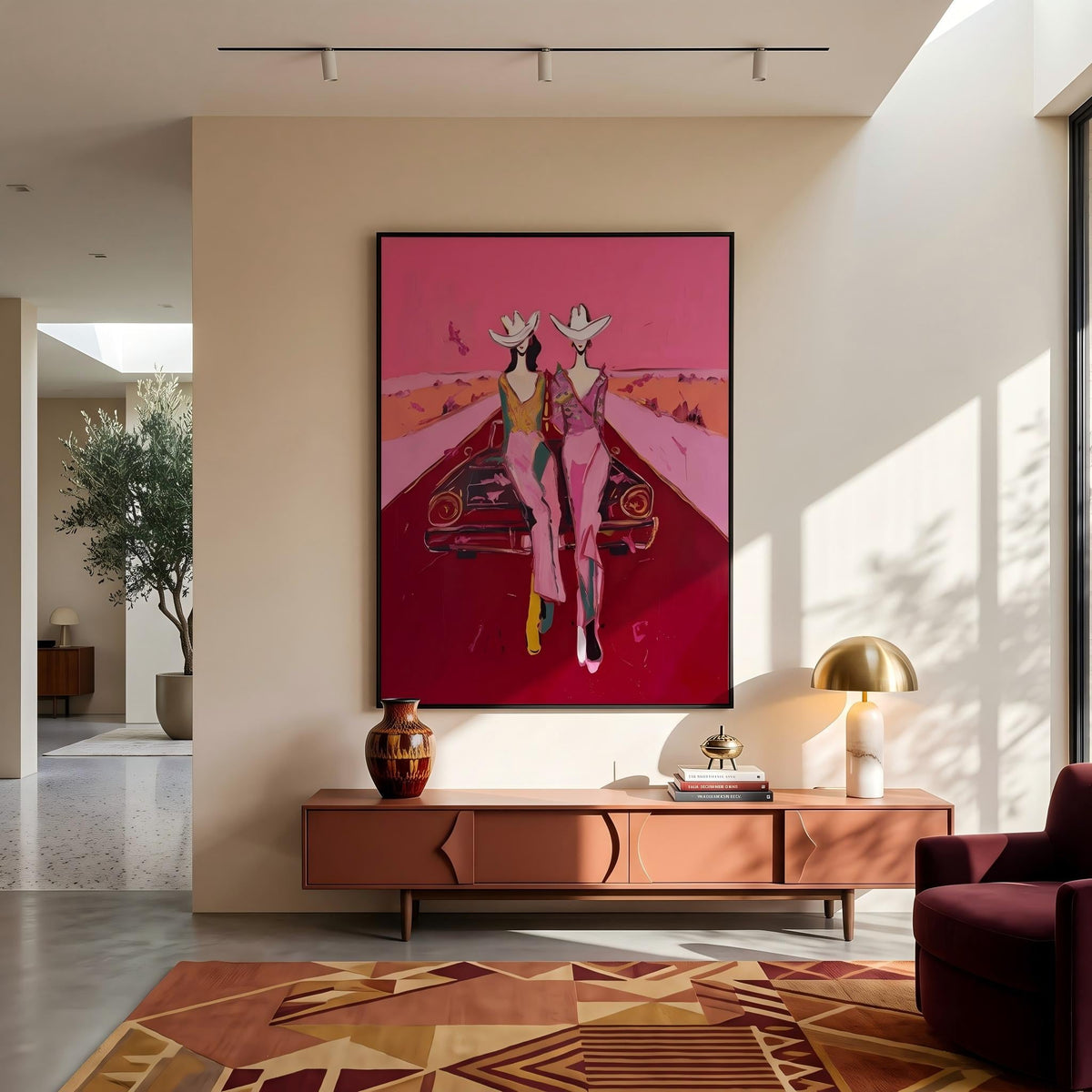 "Cowgirls on the Road" - Modern Heavy Impasto Abstract Artwork | Pink Palette Knife Painting | Luxury Vertical Wall Art #YK 1585