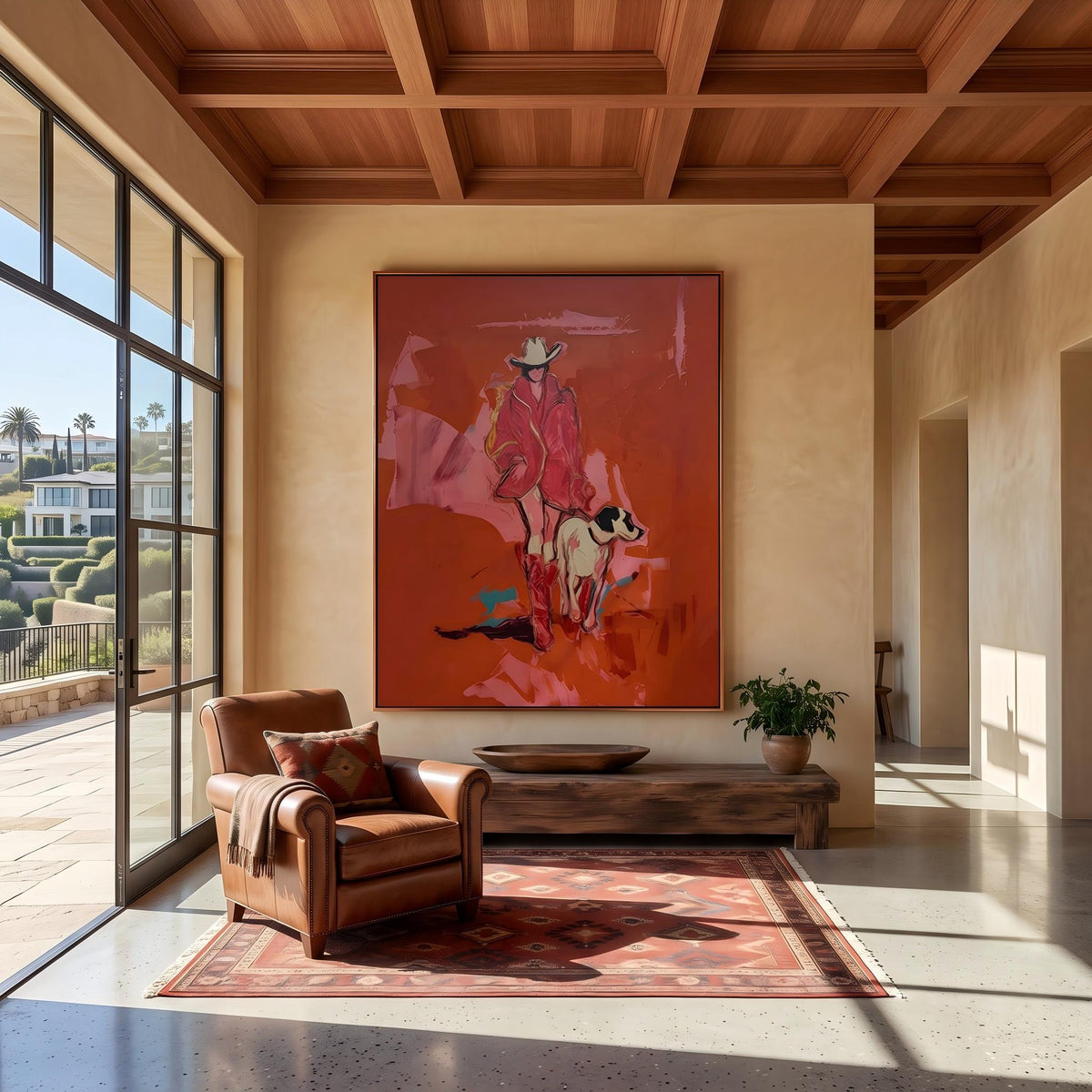 "Cowgirl and Dog" - Modern Heavy Impasto Dog Portrait Artwork | Pink Palette Knife Painting | Luxury Vertical Wall Art #YK 1583