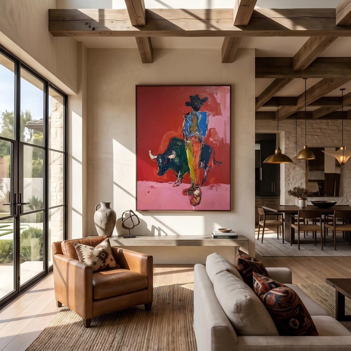 "Bullfighting Western Cowboy" - Modern Heavy Impasto Western Animal Artwork | Pink Palette Knife Painting | Luxury Vertical Wall Art #YK 1581