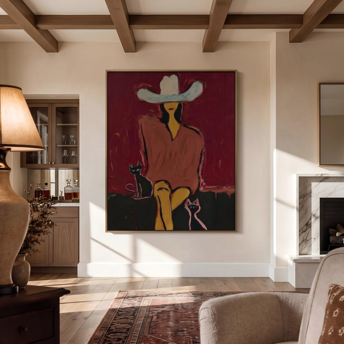 "Western Woman and Cat" - Modern Heavy Impasto Western Animal Artwork | Golden Palette Knife Painting | Luxury Vertical Wall Art #YK 1574