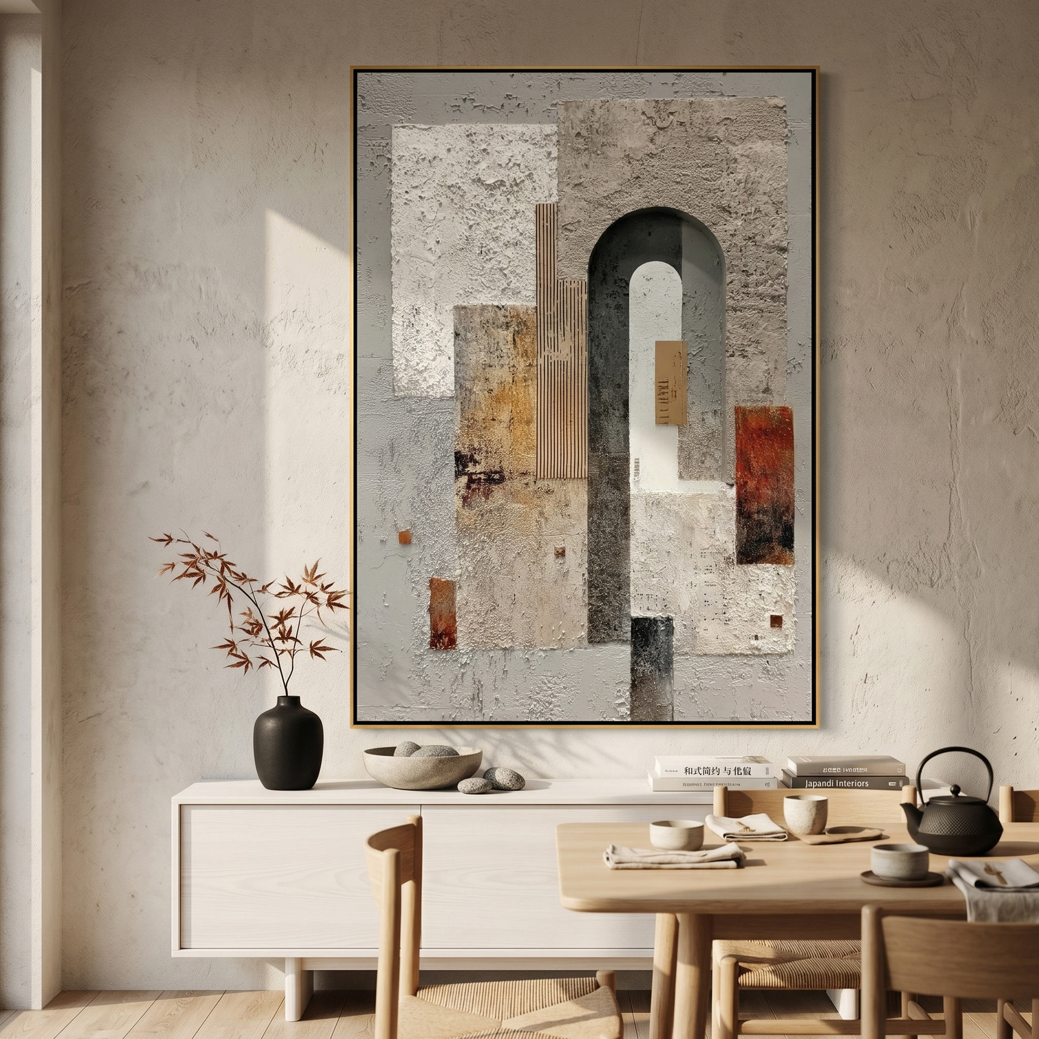 "Weathered Geometric Arch" – Expressive Impasto Abstract Artwork | 3D Layered Neutral Canvas | Luxury Statement Vertical Wall Art#PT 006