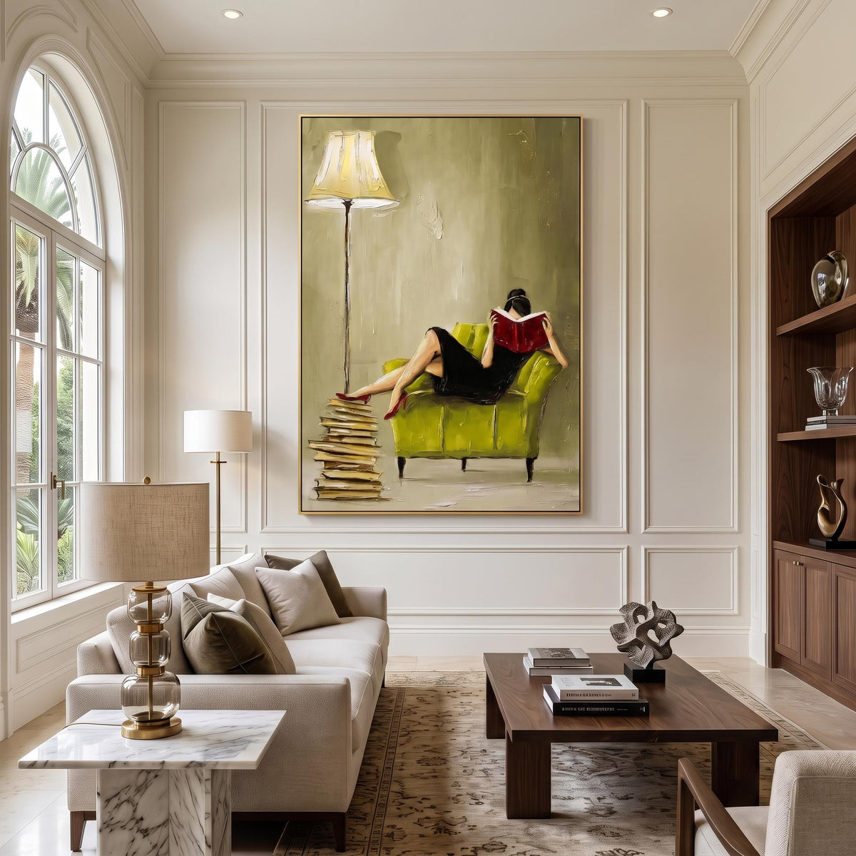 "Woman Reading" - Modern Heavy Impasto Abstract Artwork | Beige & Yellow Palette Knife Painting | Luxury Vertical Wall Art #YK 1620