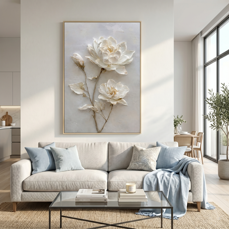"Eternal Bloom" – Modern 3D Heavy Impasto White Botanical | Elegant Vertical Statement Art