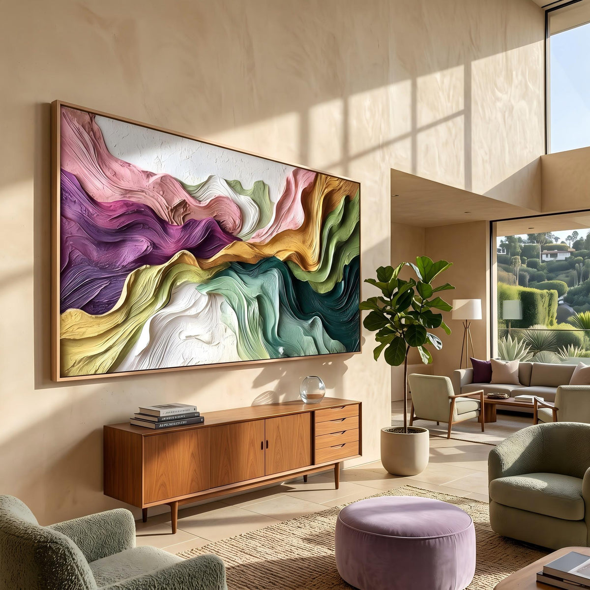 "Boho Flow Color Abstract" - Modern Heavy Impasto Abstract Artwork | Beige Palette Knife Painting | Luxury Horizontal Wall Art #YK 1614