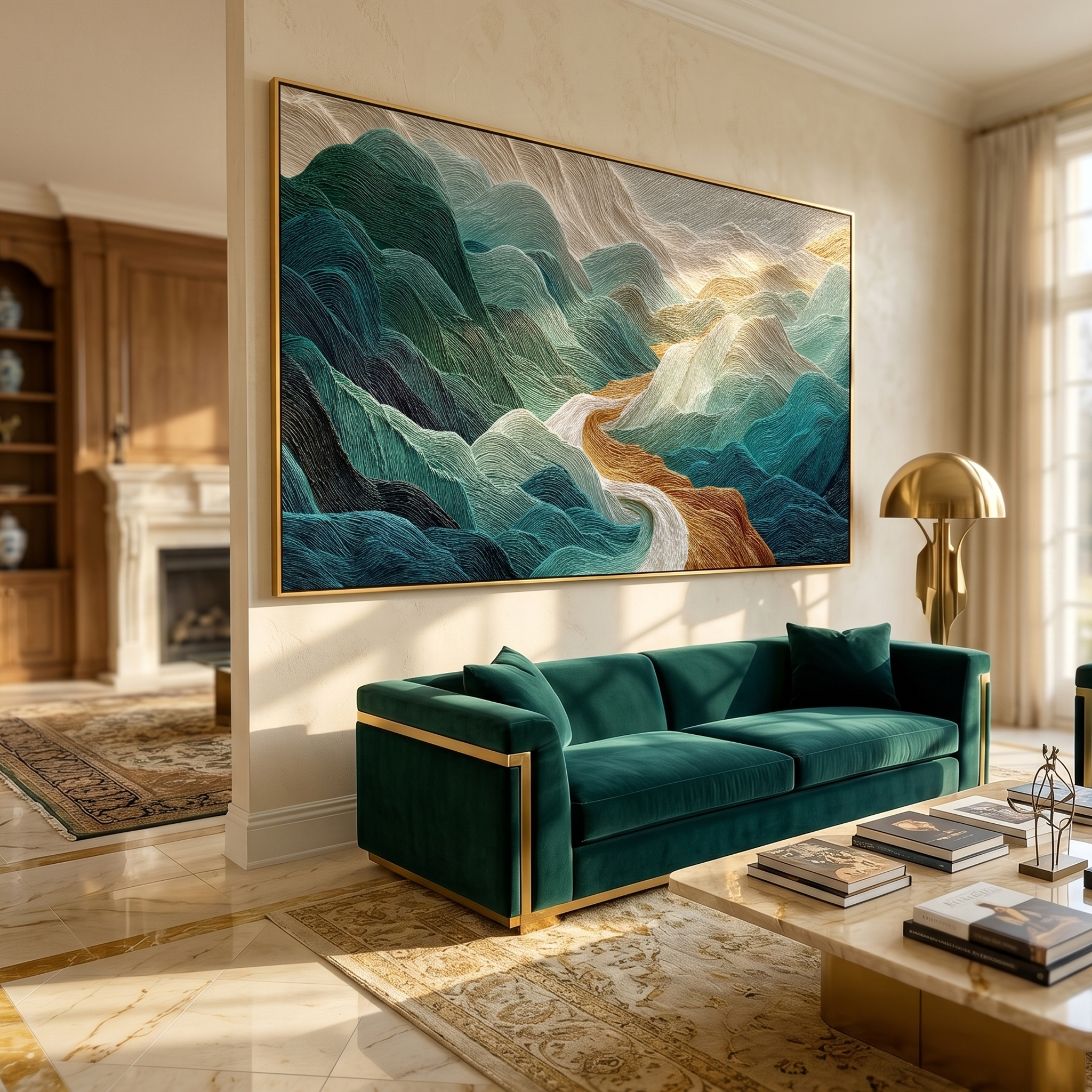 "Textured Mountain Flow" – Tactile Abstract Nature Art | Deep Teal, Turquoise & Gold Impasto Wall Decor | Contemporary Horizontal Art#PT 011