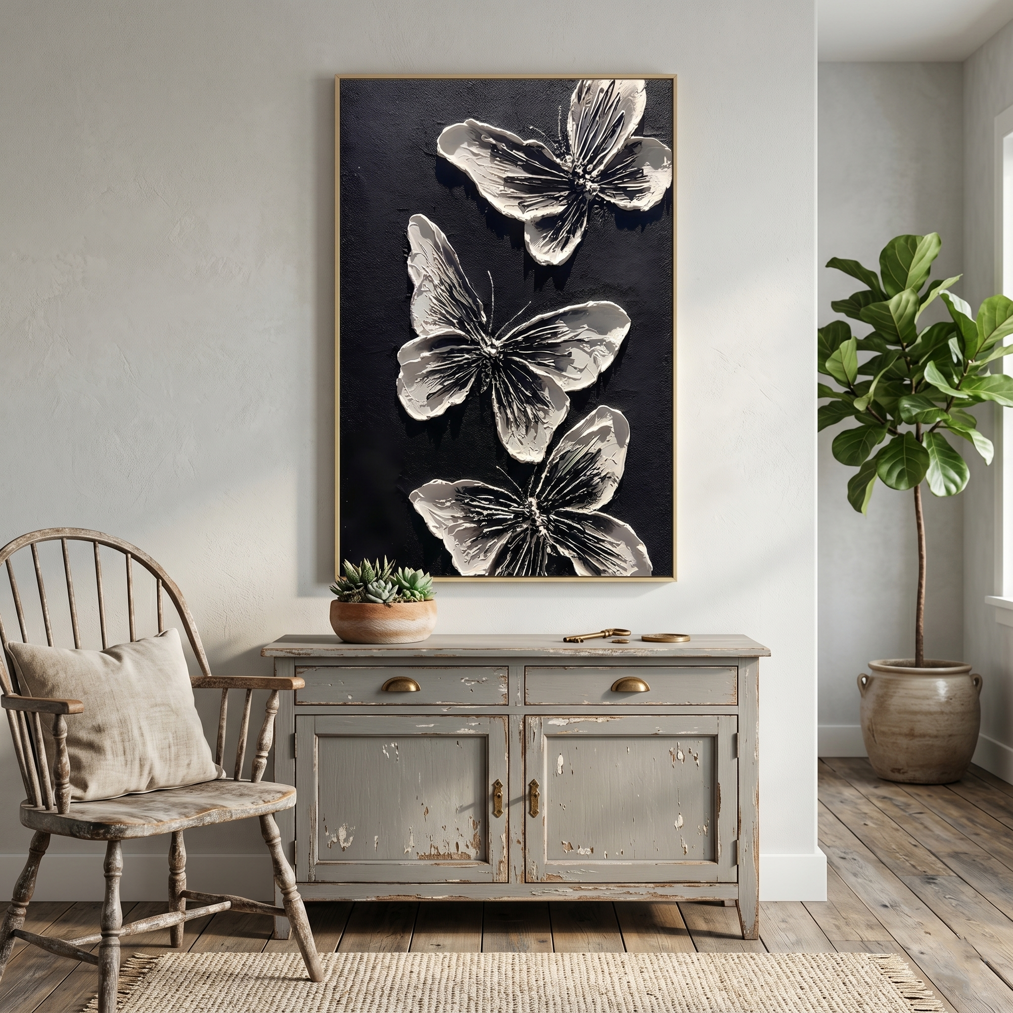 "Nocturnal Metamorphosis" – Modern 3D Heavy Impasto Butterfly Relief | Bold Monochrome Statement Art