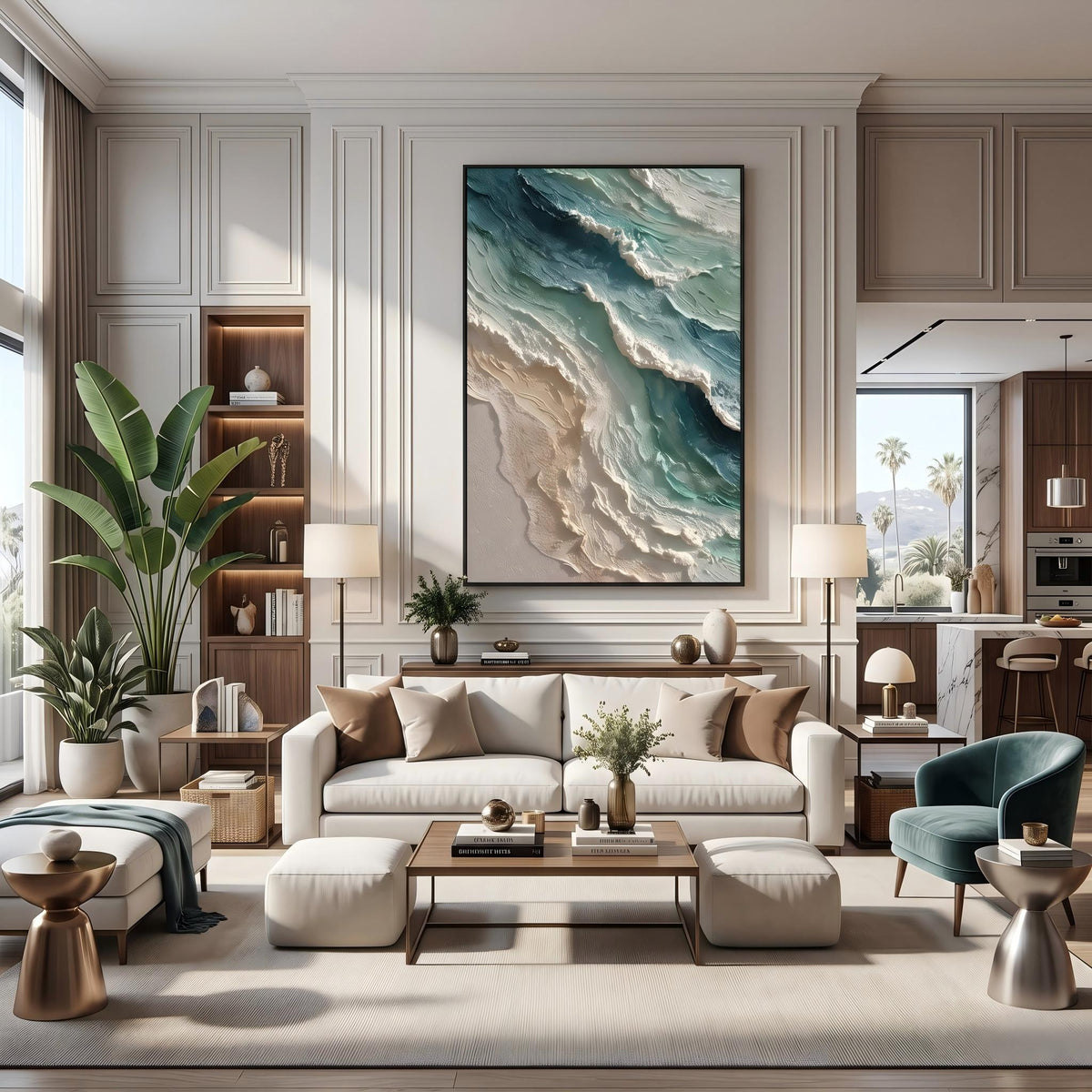 "Blue Green Coastal Wall" - Modern Heavy Impasto Coastal Landscape | Beige Palette Knife Painting | Luxury Vertical Wall Art #YK 1565