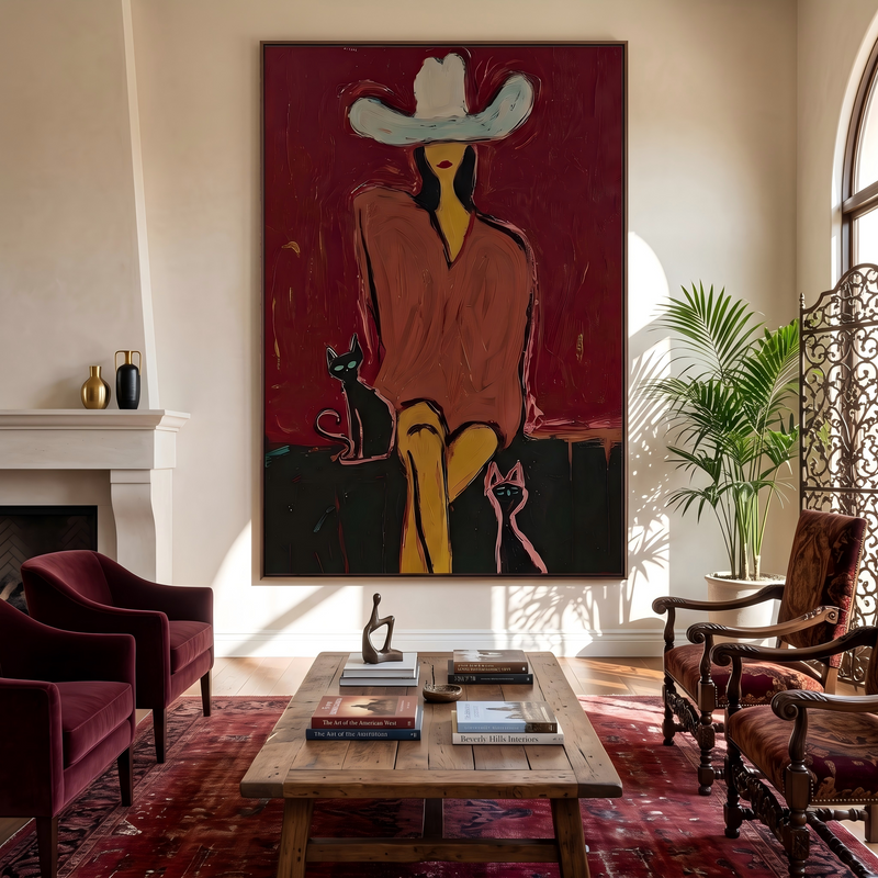 "Western Woman and Cat" - Modern Heavy Impasto Western Animal Artwork | Golden Palette Knife Painting | Luxury Vertical Wall Art #YK 1574