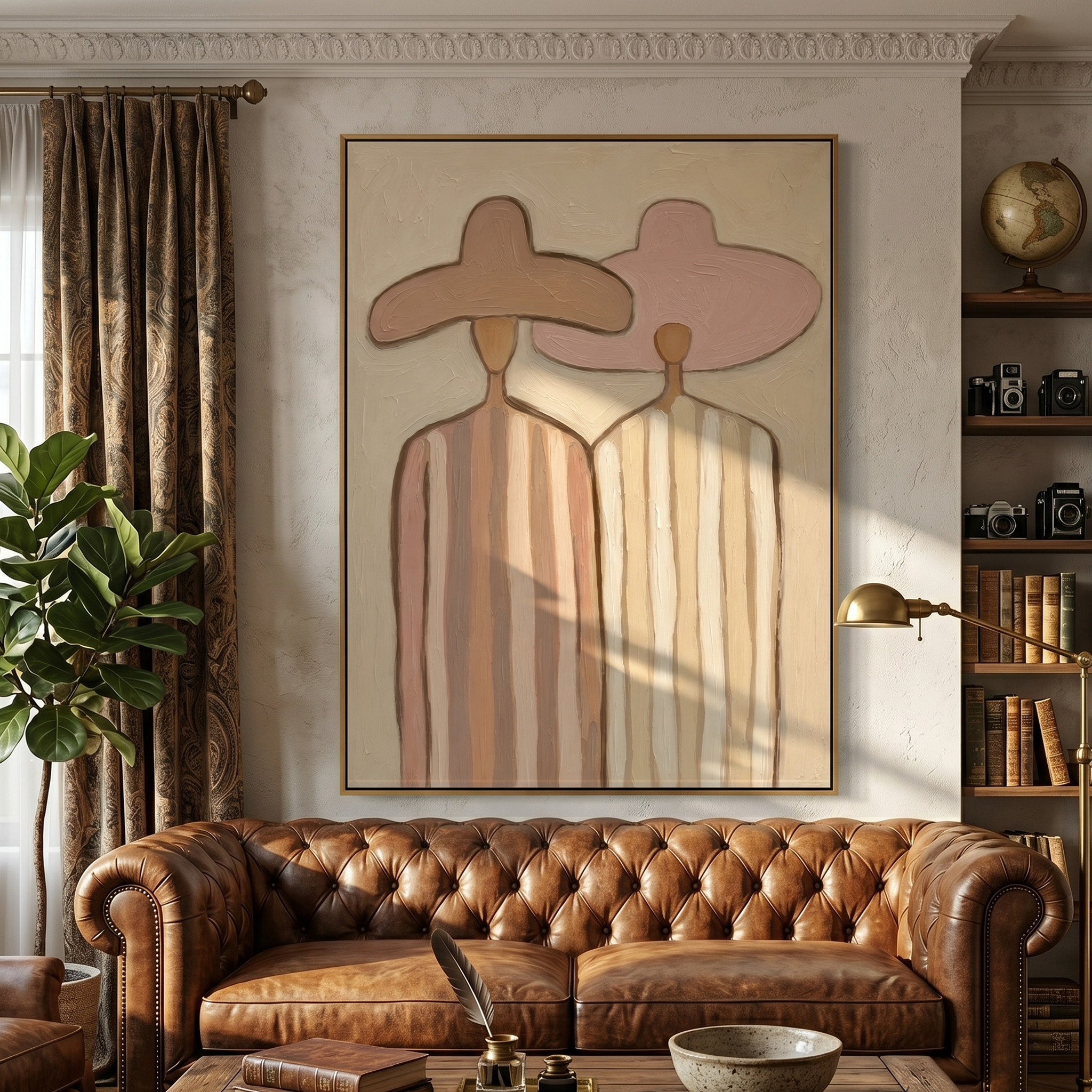 "Desert Companions" – Modern Heavy Impasto Figurative Art | 3D Blush & Sand Palette Knife Painting | Luxury Vertical Wall Art #PE 014