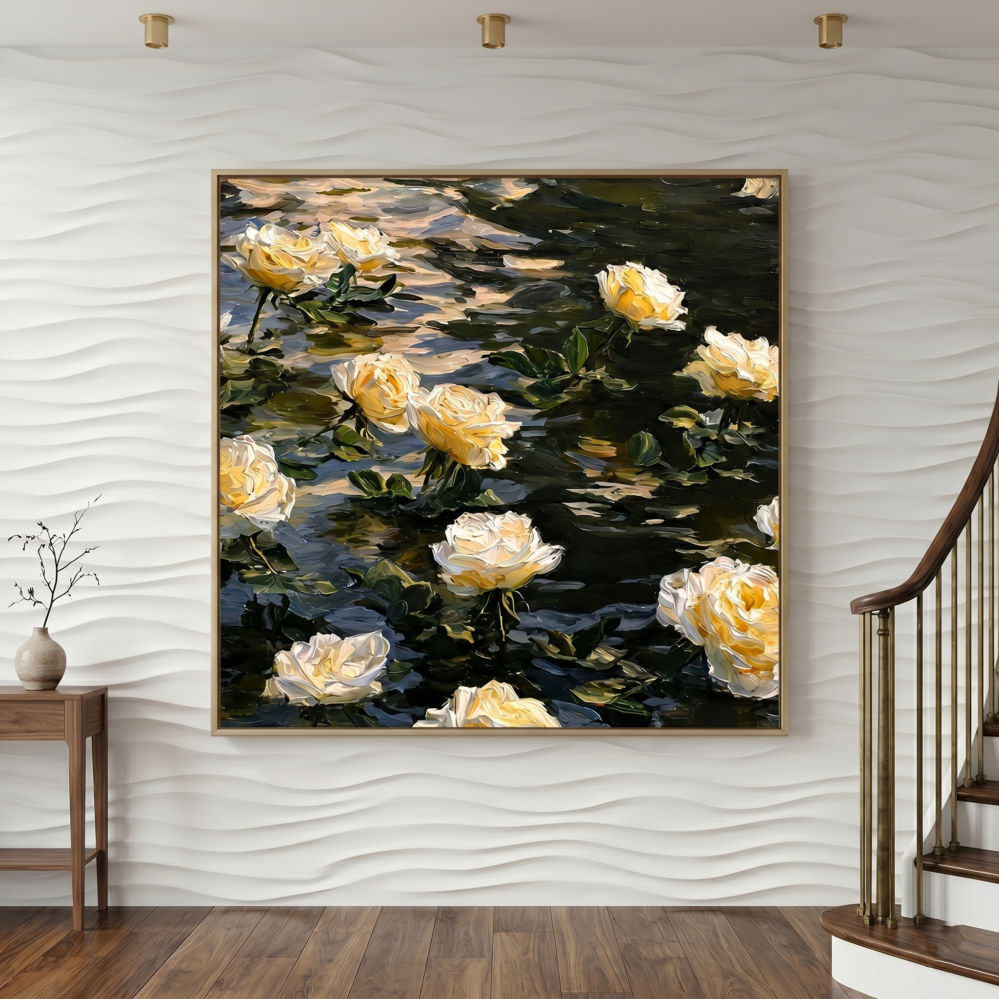 "Midnight Drift" – Modern 3D Heavy Impasto Floating Rose Relief | Sophisticated Romantic Statement Art