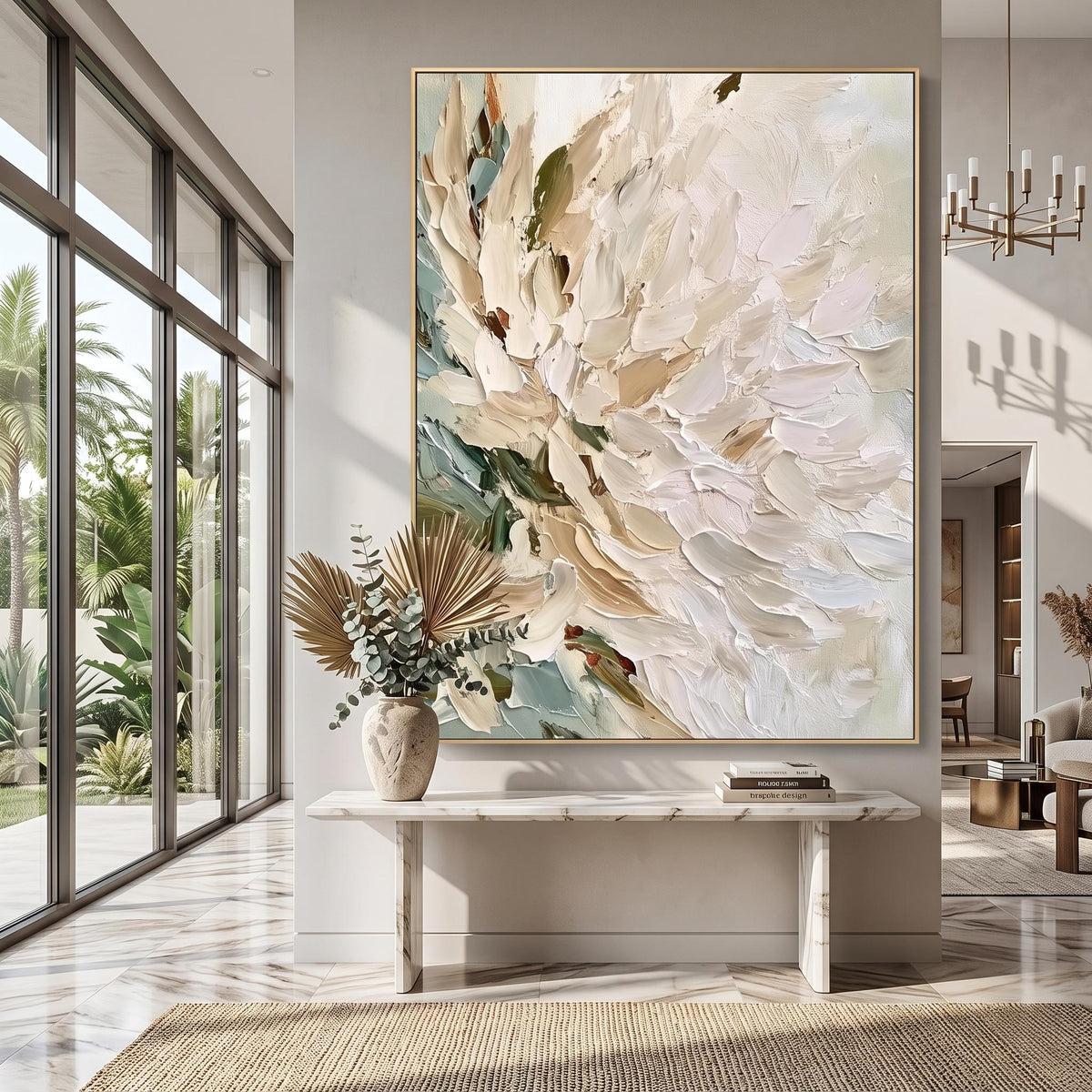 "Vertical Impasto White Flower" - Modern Heavy Impasto Floral Abstract | Beige Palette Knife Painting | Luxury Vertical Wall Art #YK 1553