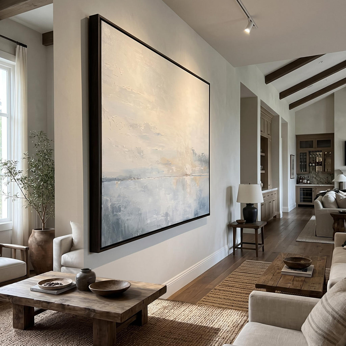 "Square Hazy Abstract Seascape" - Modern Heavy Impasto Coastal Landscape | Beige Palette Knife Painting | Luxury Square Wall Art #YK 1616