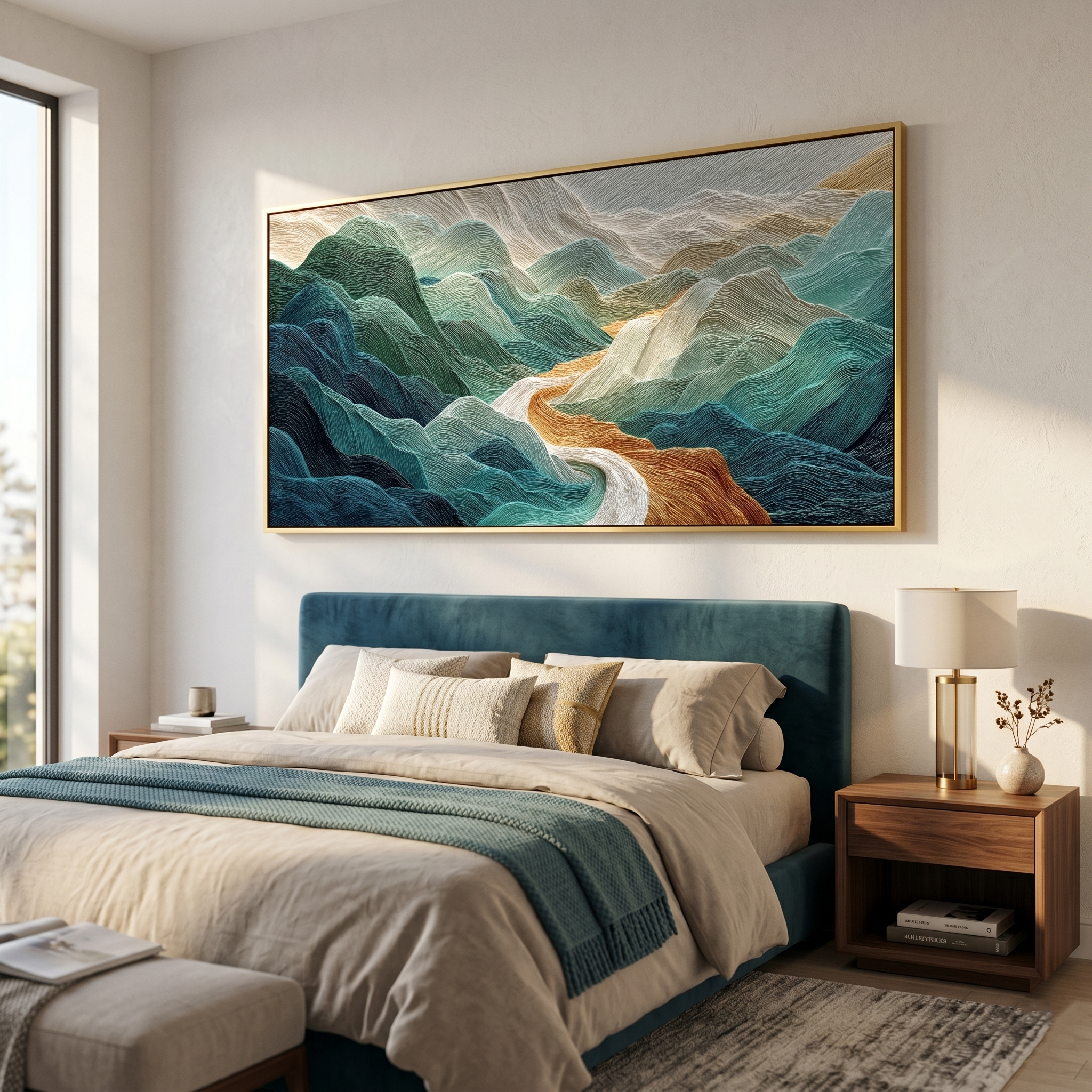 "Textured Mountain Flow" – Tactile Abstract Nature Art | Deep Teal, Turquoise & Gold Impasto Wall Decor | Contemporary Horizontal Art#PT 011