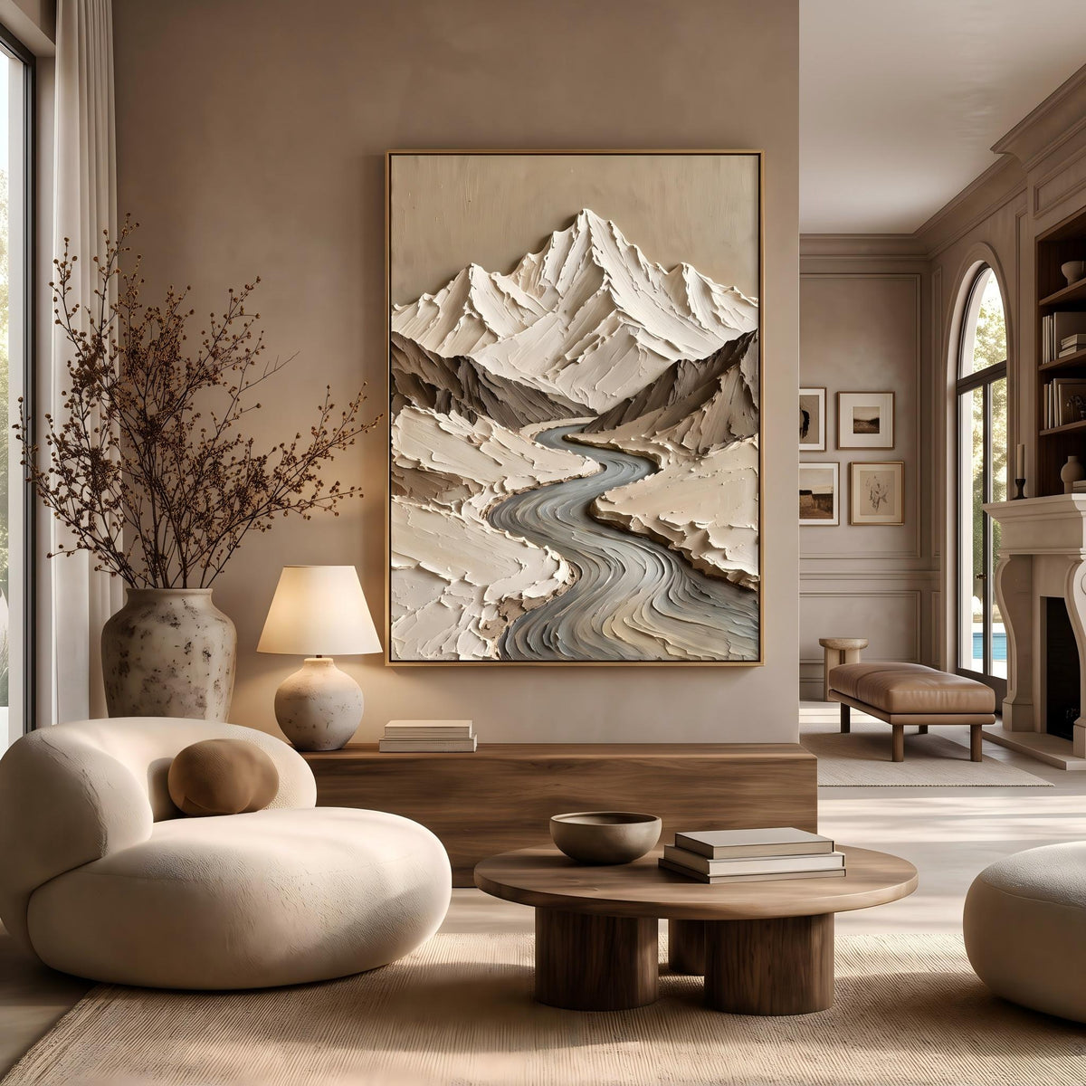 "Thick Impasto Mountain Valley" - Modern Heavy Impasto Landscape Artwork | Beige Palette Knife Painting | Luxury Vertical Wall Art #YK 1611