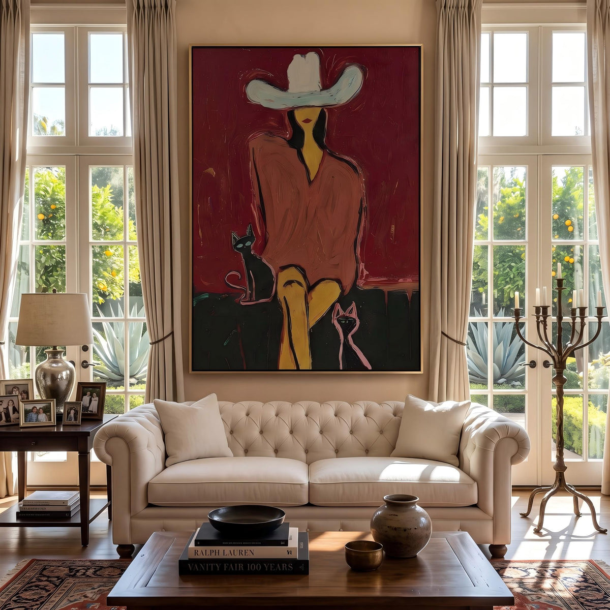 "Western Woman and Cat" - Modern Heavy Impasto Western Animal Artwork | Golden Palette Knife Painting | Luxury Vertical Wall Art #YK 1574