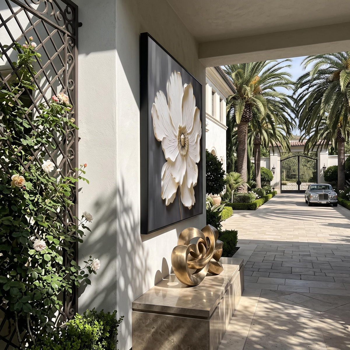 "Square White‑Gold Flower" - Modern Heavy Impasto Floral Abstract | White Palette Knife Painting | Luxury Square Wall Art #YK 1619