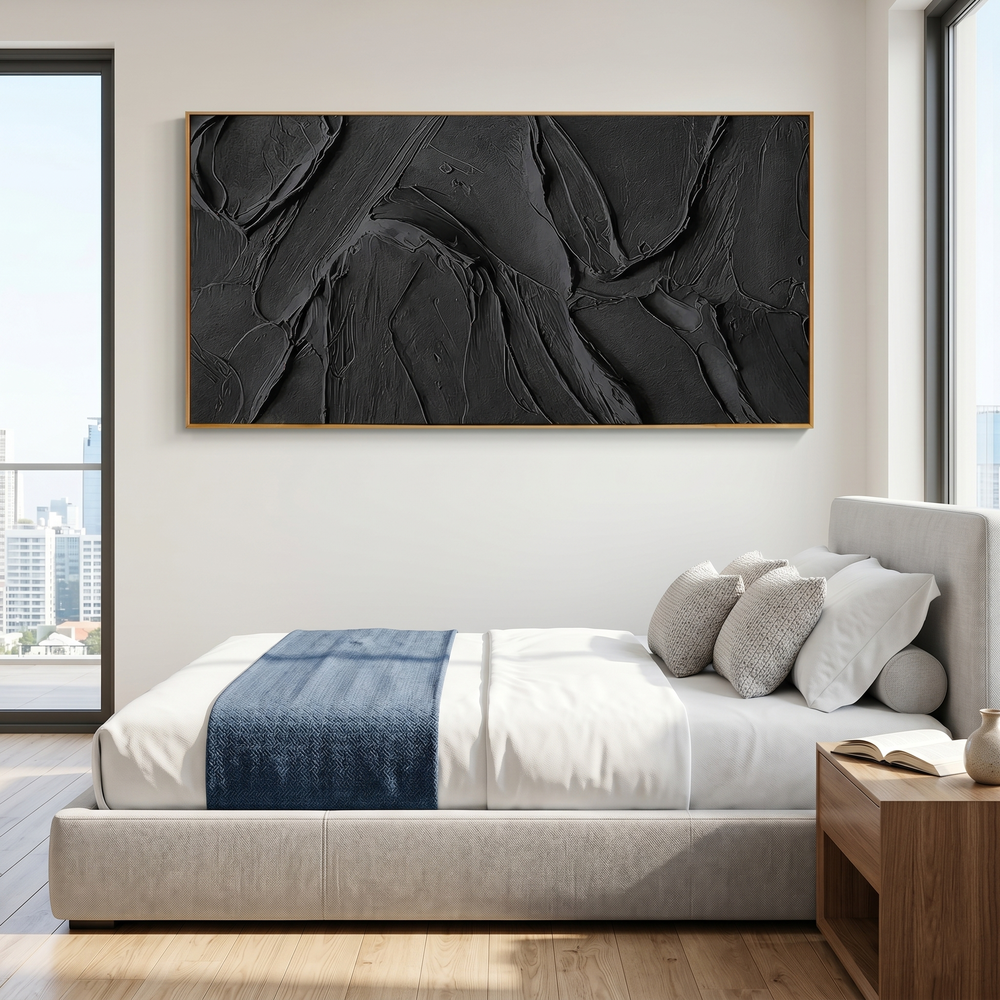 "Noir Tectonic" – 3D Heavy Impasto Black Abstract | Minimalist Sculptural Statement Art