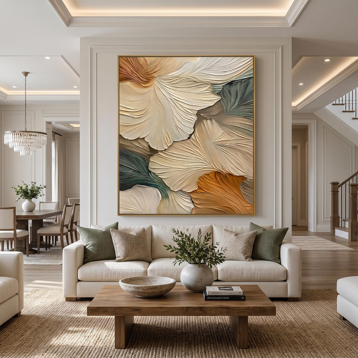 "Abstract Ginkgo Leaf" - Modern Heavy Impasto Botanical Tree Artwork | Beige Palette Knife Painting | Luxury Vertical Wall Art #YK 1548