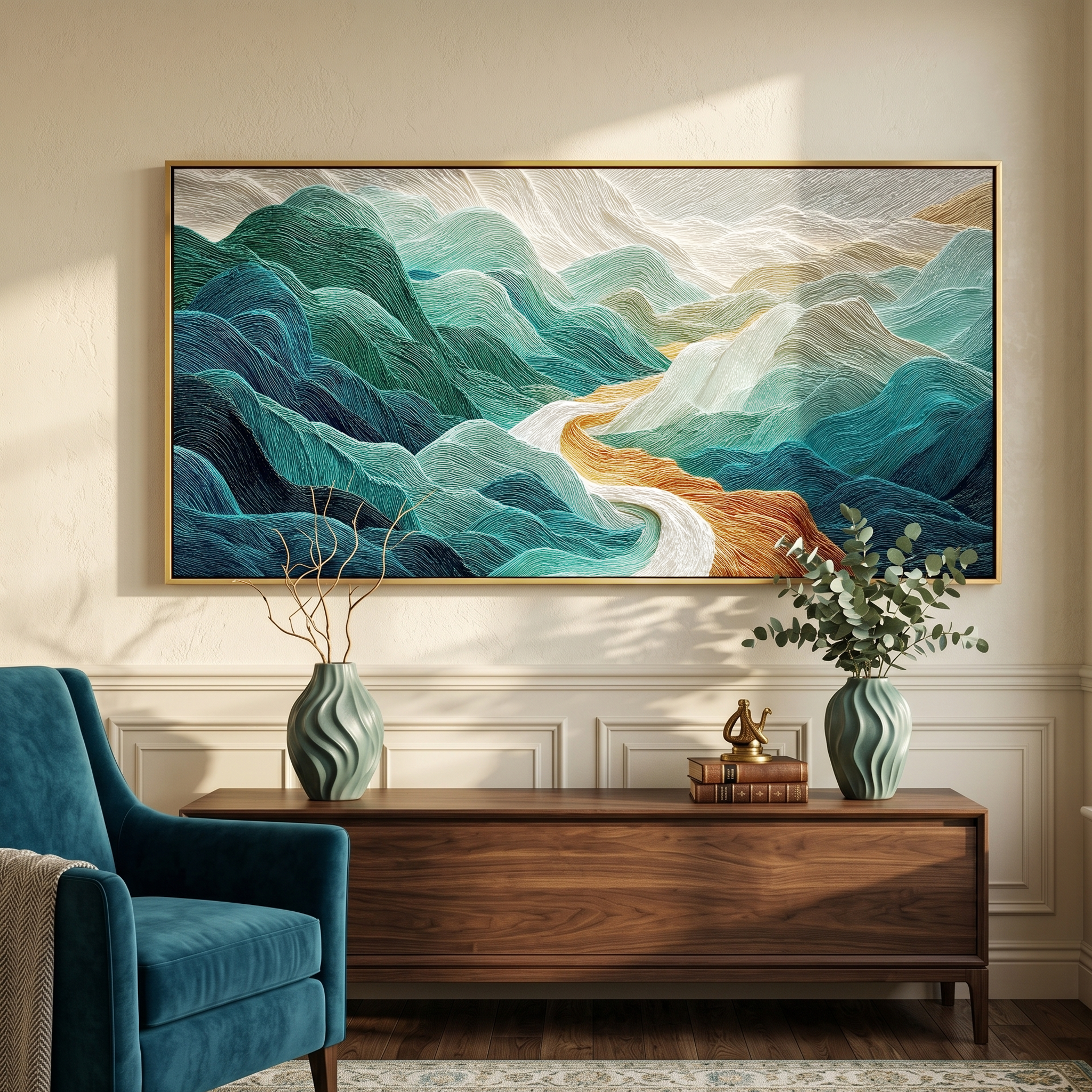 "Textured Mountain Flow" – Tactile Abstract Nature Art | Deep Teal, Turquoise & Gold Impasto Wall Decor | Contemporary Horizontal Art#PT 011
