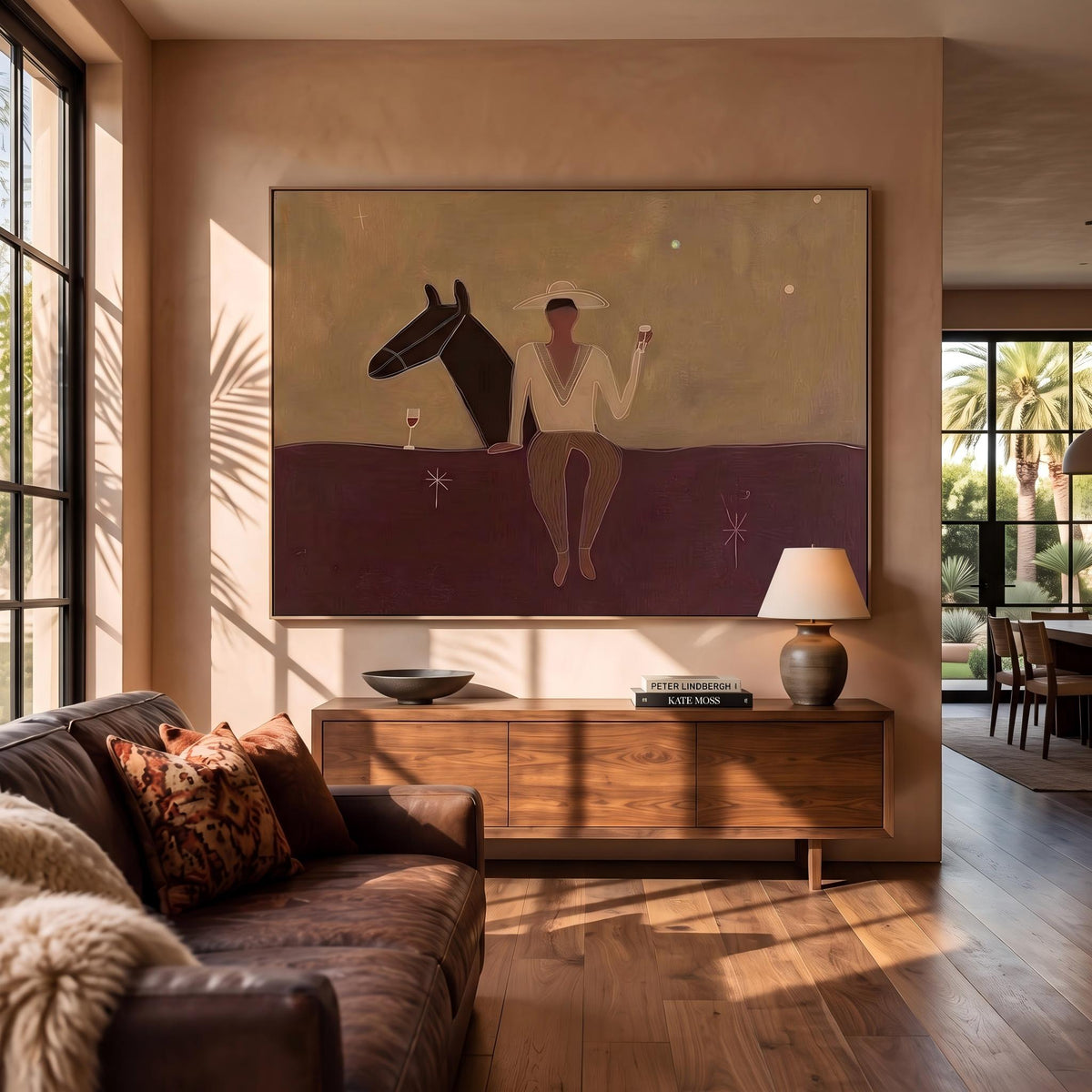"Western Cowboy and Horse" - Modern Heavy Impasto Western Animal Artwork | Purple Palette Knife Painting | Luxury Horizontal Wall Art #YK 1569