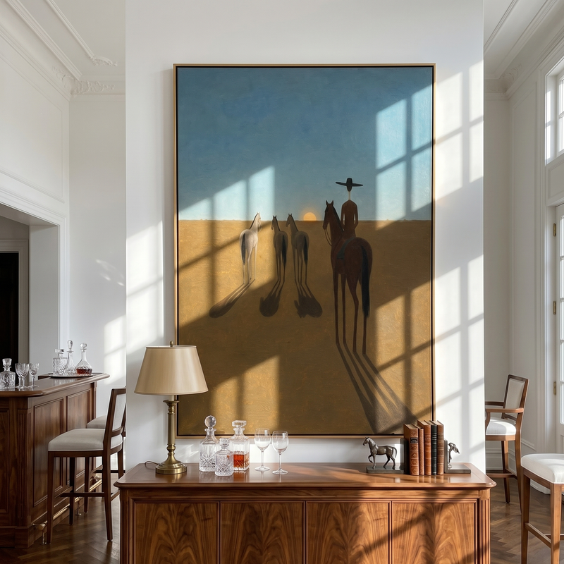 "Desert Herder at Dusk" – Modern Heavy Impasto Western Art | 3D Sky & Ochre Palette Knife Painting | Luxury Vertical Wall Art #AB 017