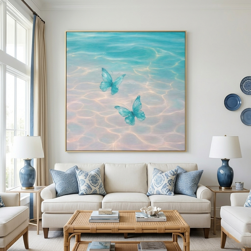 "Azure Dreamscape" – Surreal Ethereal Butterfly & Water Abstract | Tropical Statement Art