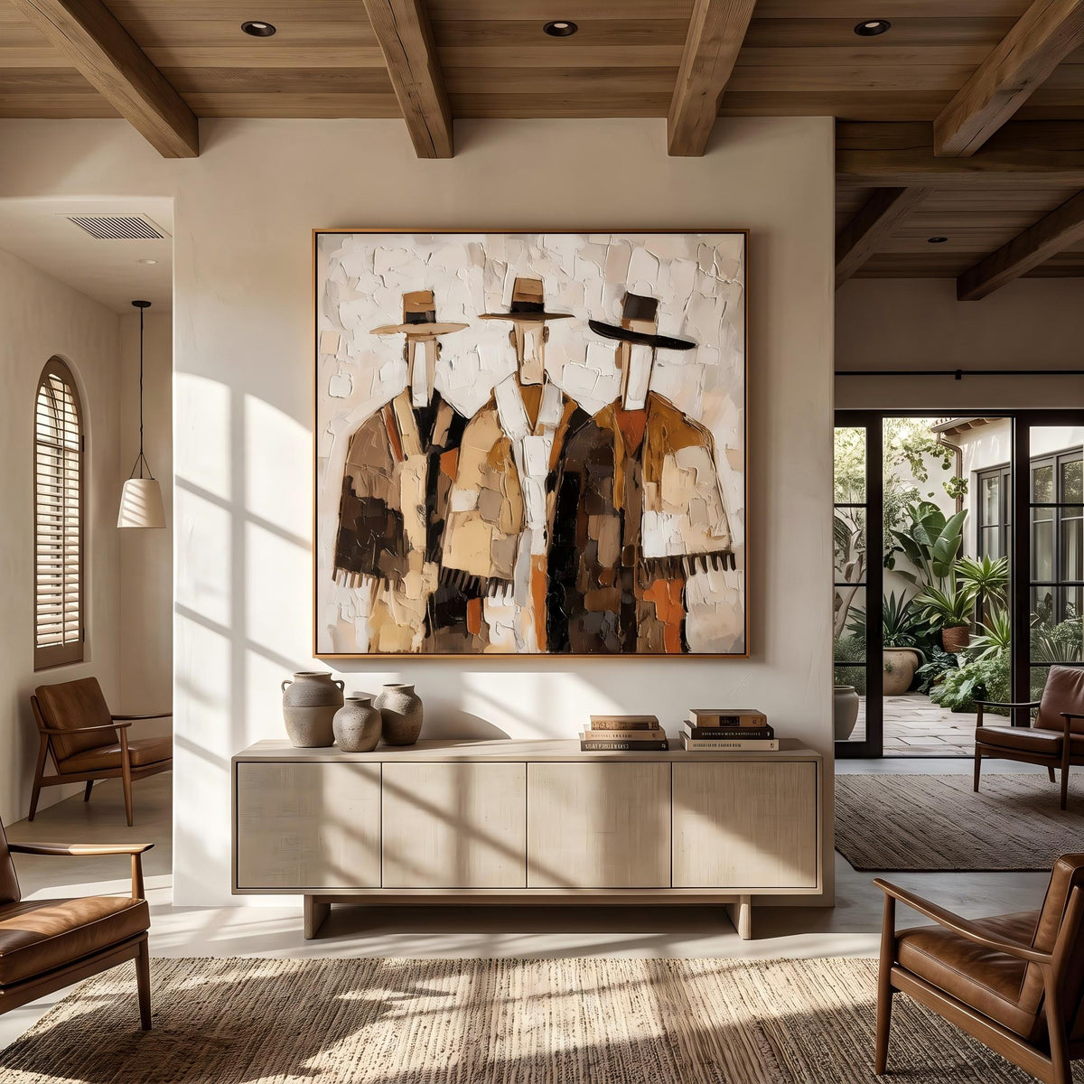"Three Cowboys Impasto Wall" - Modern Heavy Impasto Abstract Artwork | Orange Palette Knife Painting | Luxury Square Wall Art #YK 1560