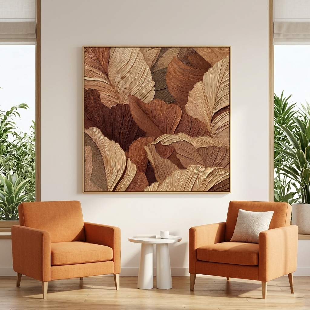 "Terra Rhythm" – Modern Linear Gingko Leaf Abstract | Sophisticated Earth-Tone Statement Art