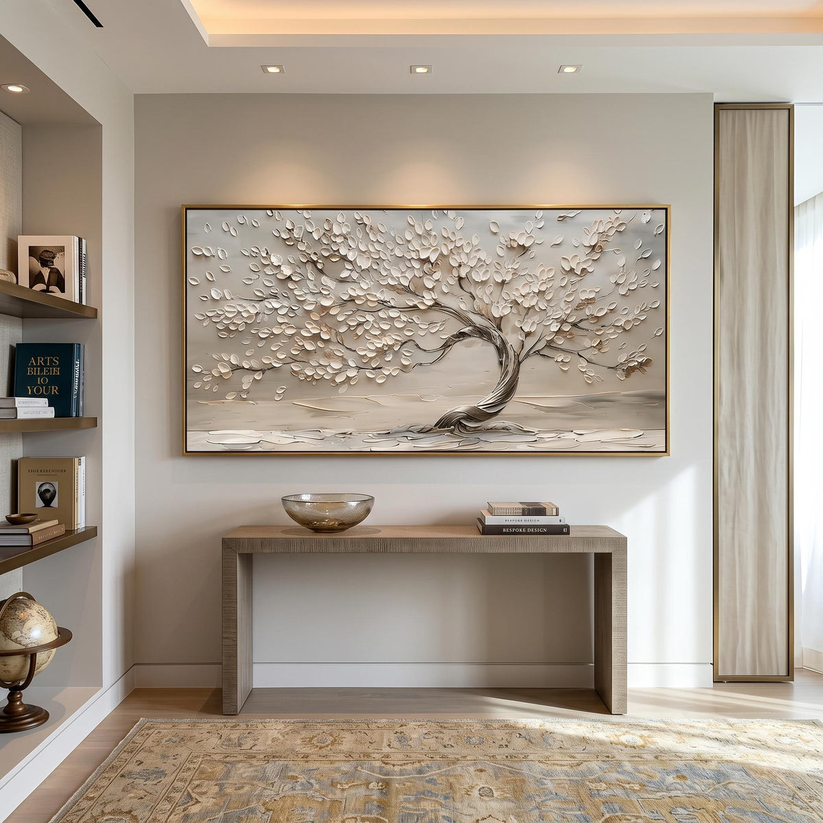 "Life Tree" - Modern Heavy Impasto Botanical Tree Artwork | White Palette Knife Painting | Luxury Horizontal Wall Art #YK 1546