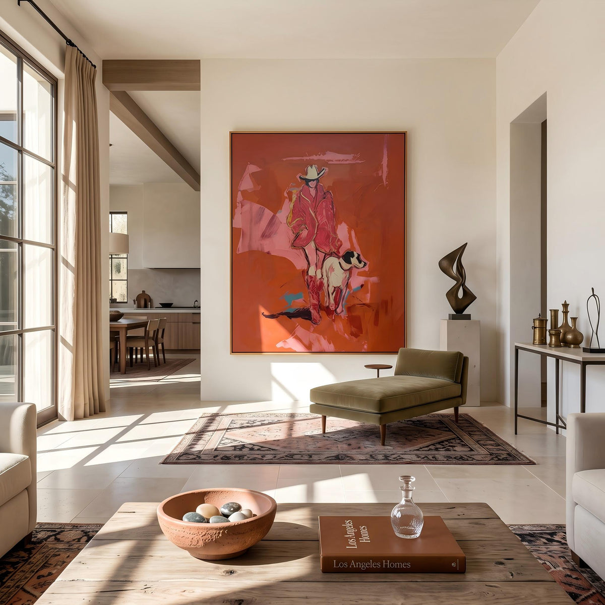 "Cowgirl and Dog" - Modern Heavy Impasto Dog Portrait Artwork | Pink Palette Knife Painting | Luxury Vertical Wall Art #YK 1583