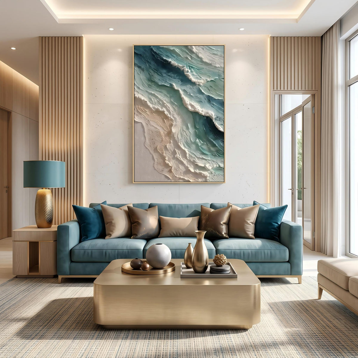 "Blue Green Coastal Wall" - Modern Heavy Impasto Coastal Landscape | Beige Palette Knife Painting | Luxury Vertical Wall Art #YK 1565