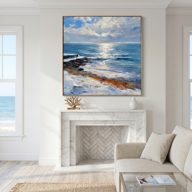 "Glistening Horizon" – Modern 3D Heavy Impasto Coastal Seascape | Sophisticated Ocean Statement Art