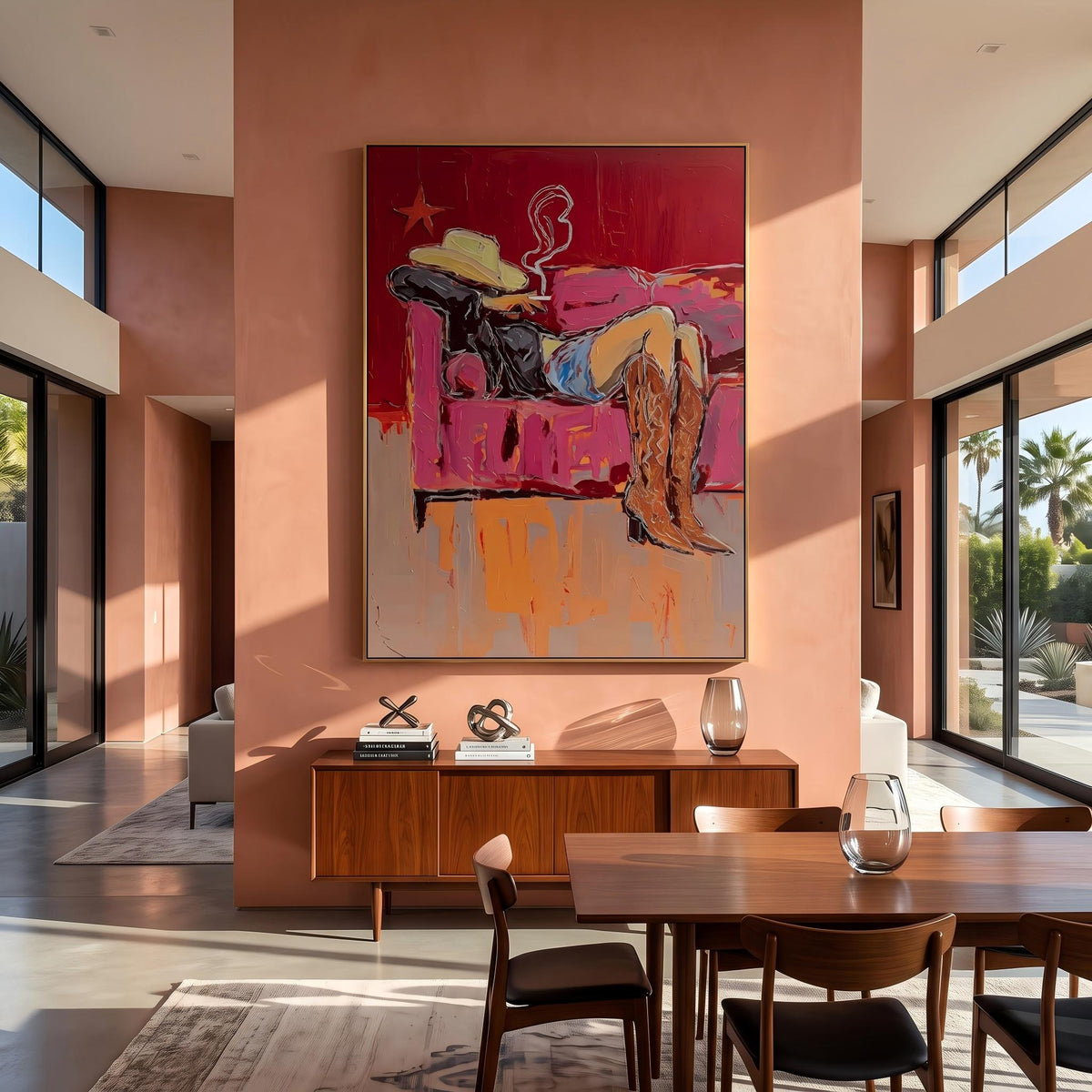 "Couch Western Cowgirl" - Modern Heavy Impasto Western Animal Artwork | Pink Palette Knife Painting | Luxury Vertical Wall Art #YK 1586