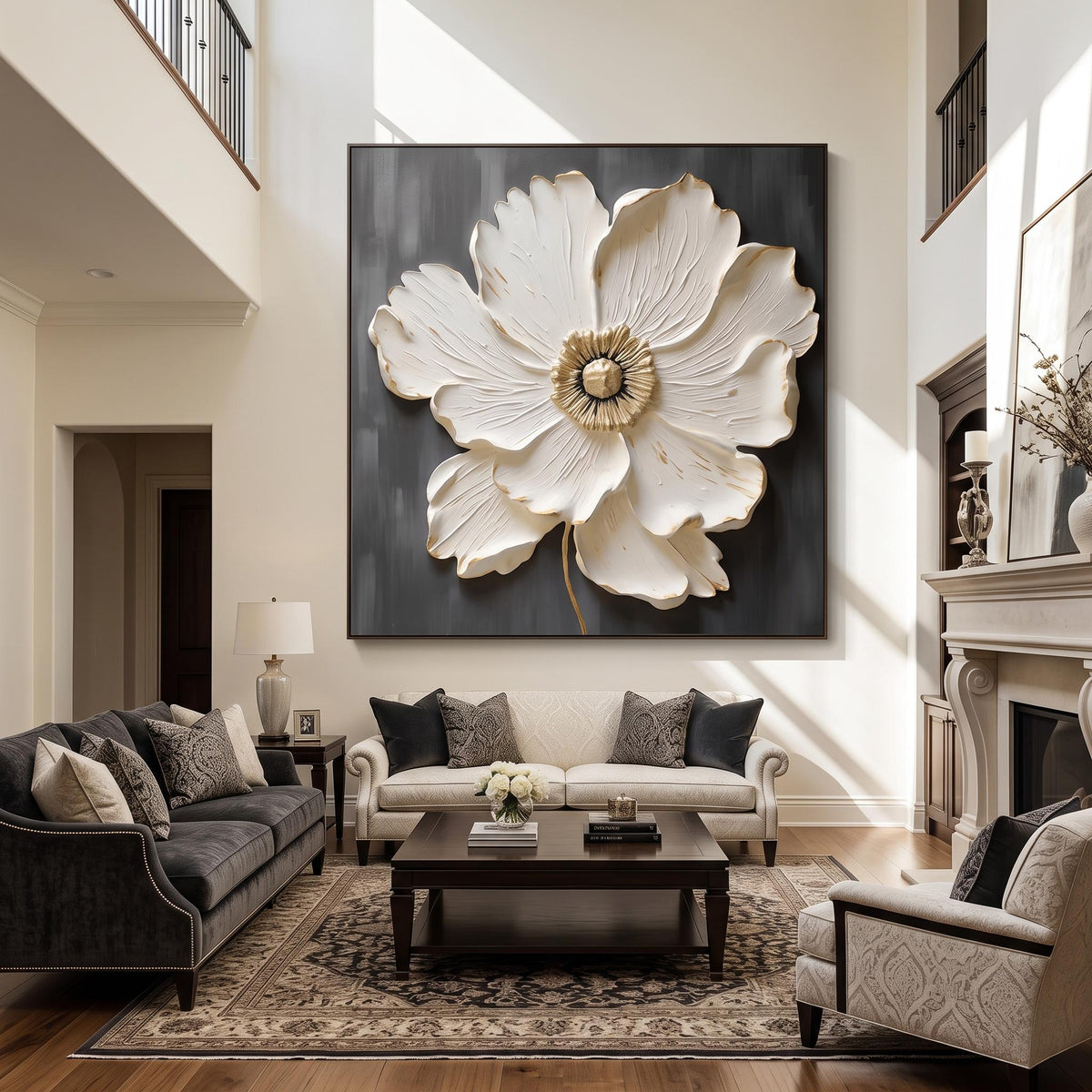 "Square White‑Gold Flower" - Modern Heavy Impasto Floral Abstract | White Palette Knife Painting | Luxury Square Wall Art #YK 1619