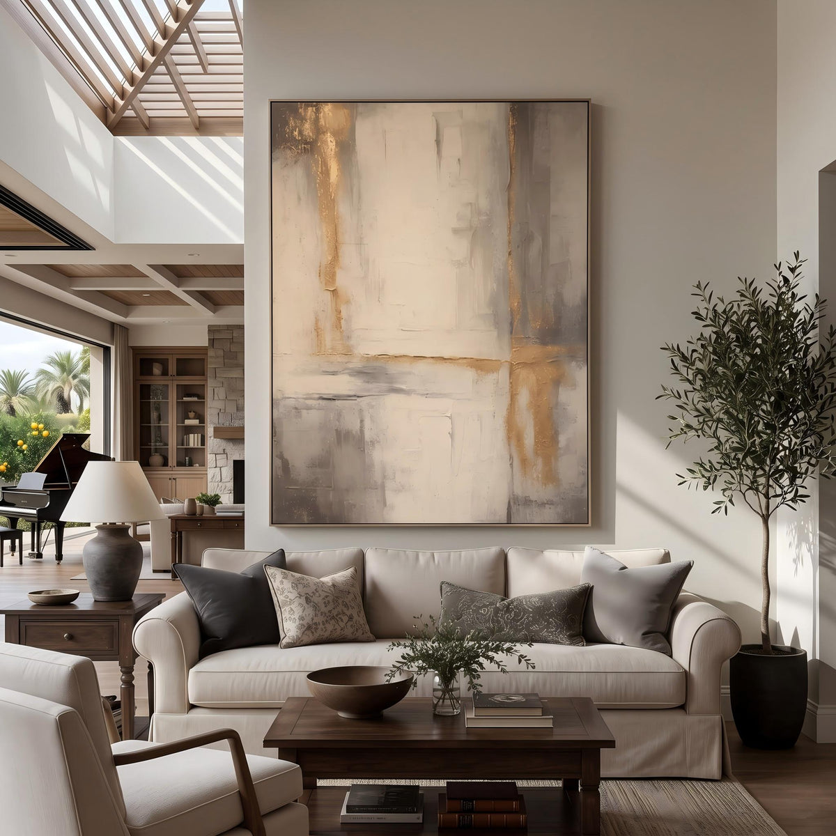 "Gold Foil Luxury" - Modern Heavy Impasto Abstract Artwork | Beige & White Palette Knife Painting | Luxury Vertical Wall Art #YK 1559