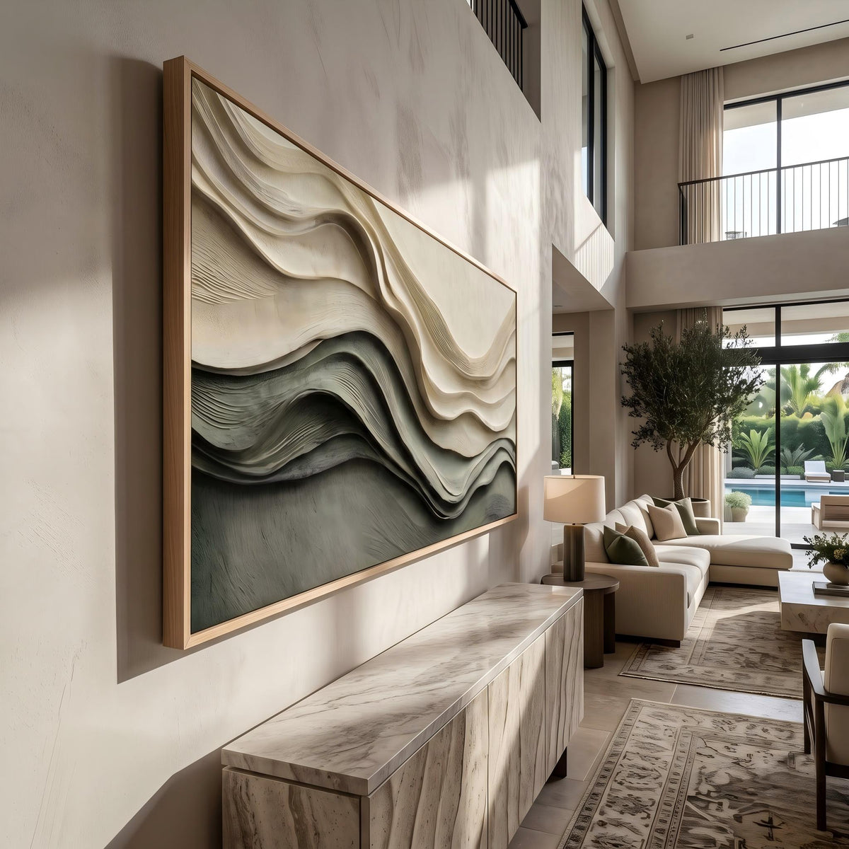 "Layered Wave Abstract" - Modern Heavy Impasto Ocean Wave Seascape | Beige Palette Knife Painting | Luxury Horizontal Wall Art #YK 1609